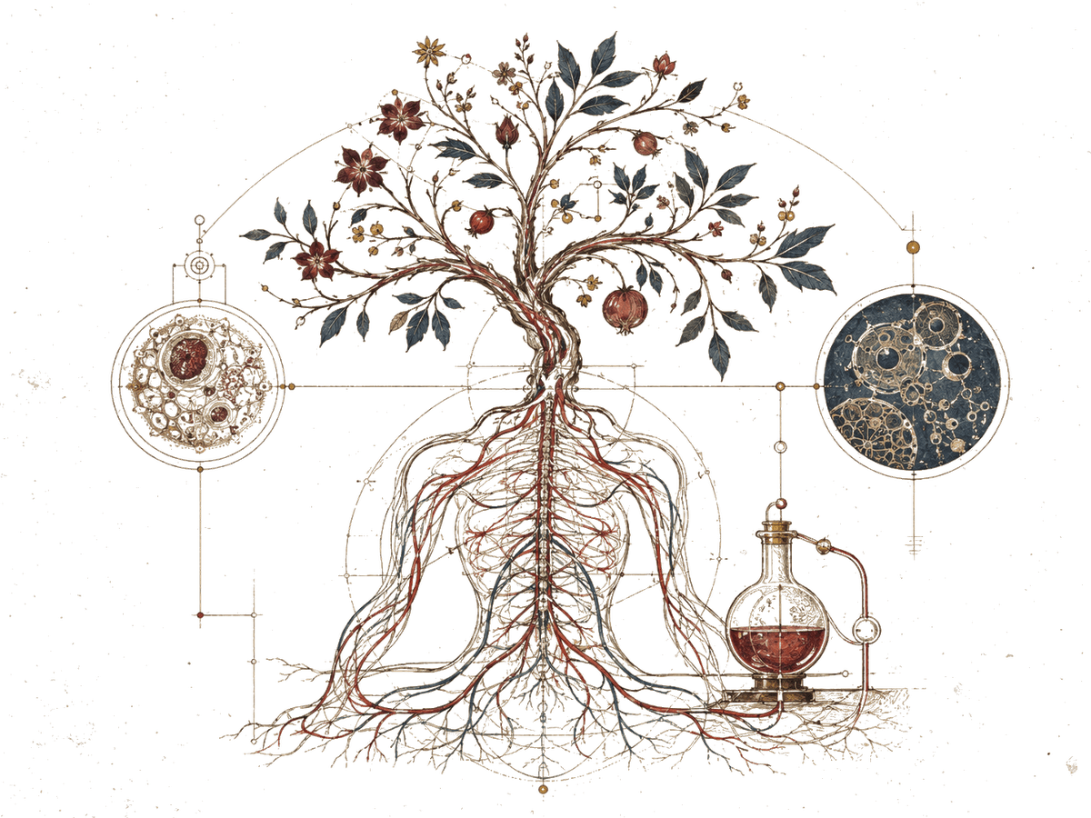 Manuscript-style illustration of a flowering tree whose roots form a human circulatory system, flanked by a cellular diagram and a celestial chart, connected to an alchemical distillation apparatus